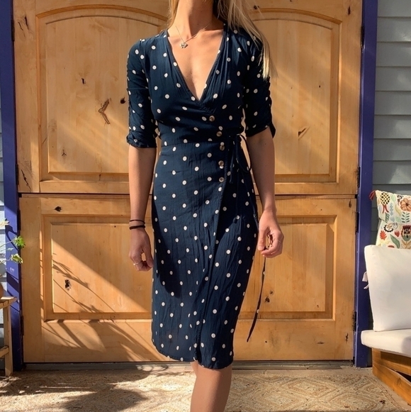 Faithfull The Brand Abbey Wrap Ronja Polka Dot Vintage Blue Dress NWT Sz 6 US/M - Picture 3 of 13